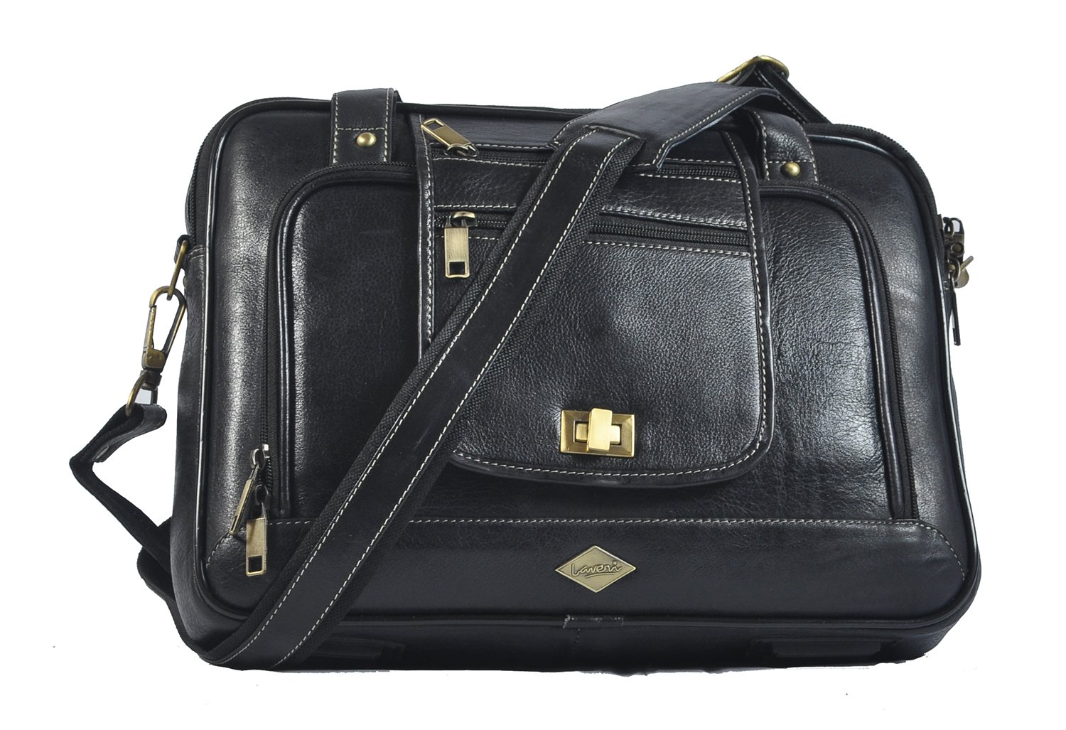 Laveri LeatherLaveri Genuine Leather Laptop Messenger Briefcase Crossover Shoulder Bag (BLACK)