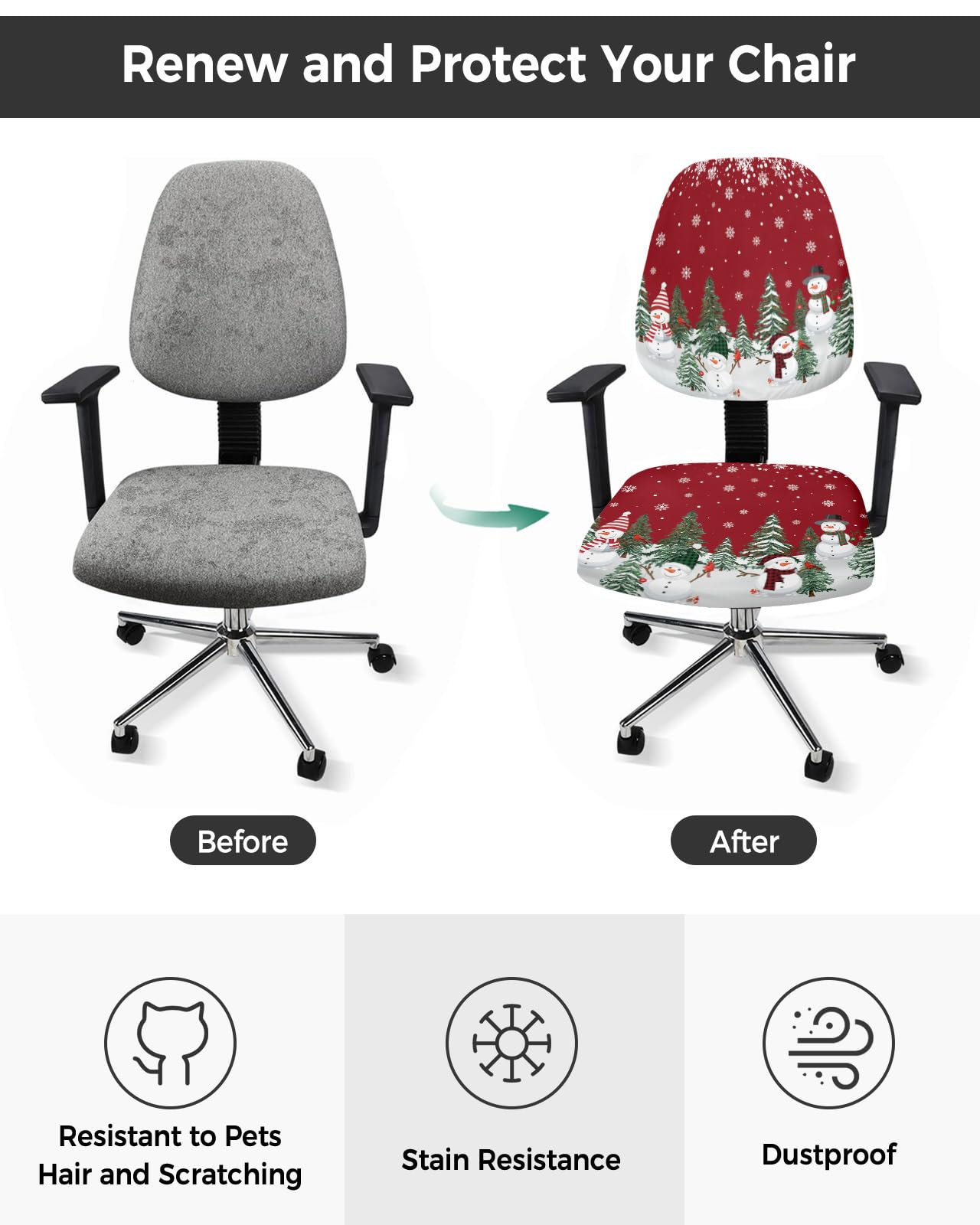 Red Christmas Office Chair Covers 2 Piece, Xmas Stretch Computer Chair Cover Universal Rotating Desk Chair Covers Washable Winter Snowman Chair Seat Cover Back Slipcover Protector Seasonal Snowflake