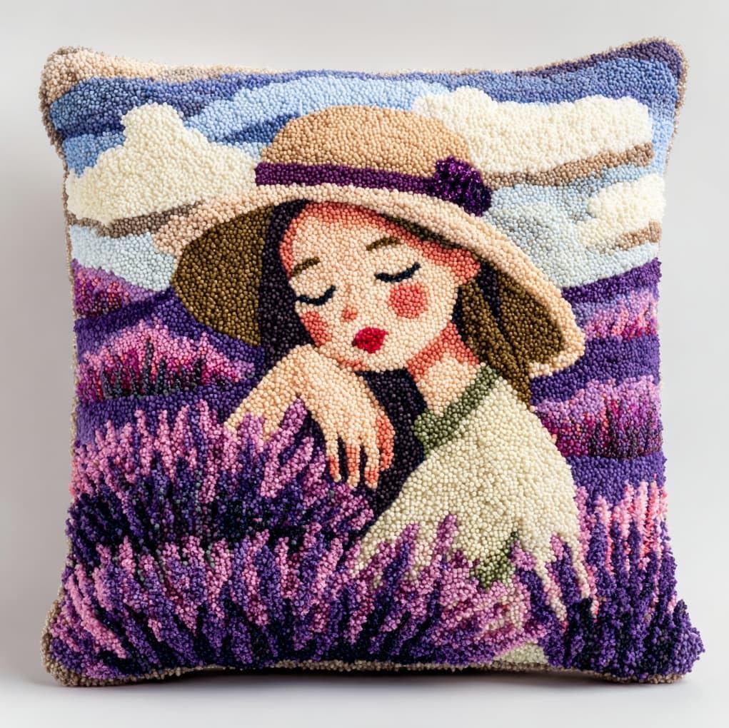 Henypt Latch Hook Pillow Making Kit 43x43cm,Lavender Girl Printed Canvas Needlework Set,Relaxing Handmade Craft for Home Bedroom Decoration