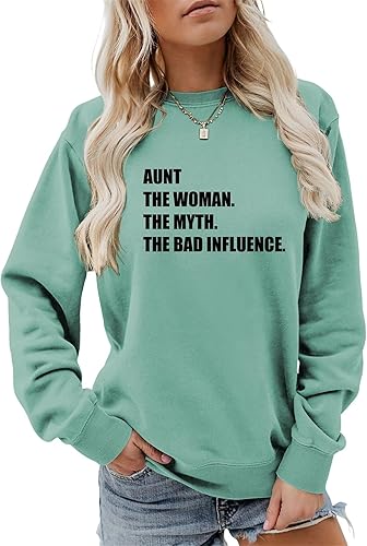 BOYRMSLGY Aunt Sweatshirt for Women The Woman The Myth The Bad Influence Shirt Funny Auntie Gift Casual Fall Fashion Pullover