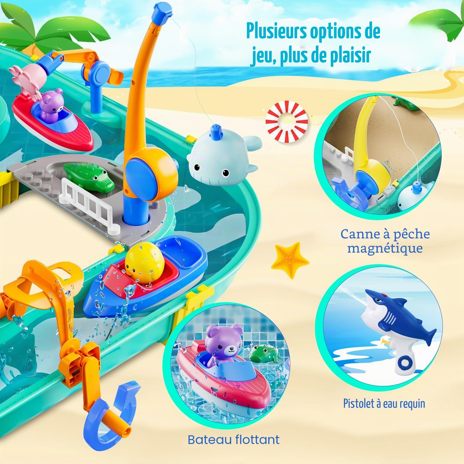 Joellfuner Circuit aquatique d'extérieur 2 en 1 pour enfants - Avec 2 bateaux, 6 figurines d'animaux, 2 pistolets à eau et fonction de pêche, jouet de table à eau pour garçons et filles (A)