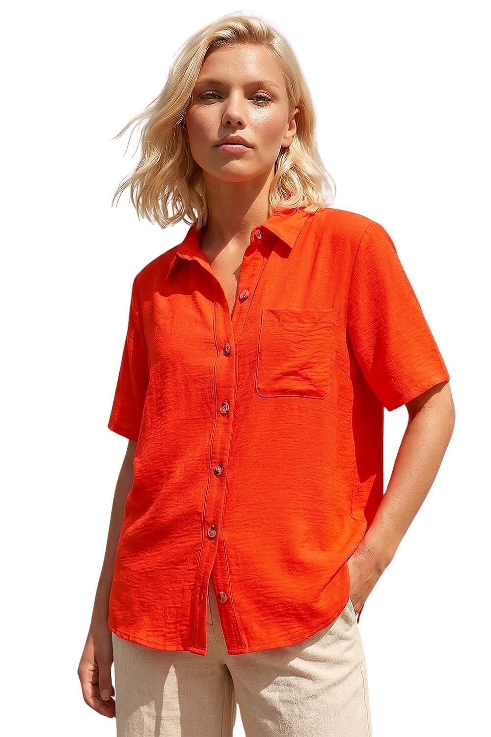 Roman Women's Orange Petite Button Up Pocket Shirt In | : Size 14