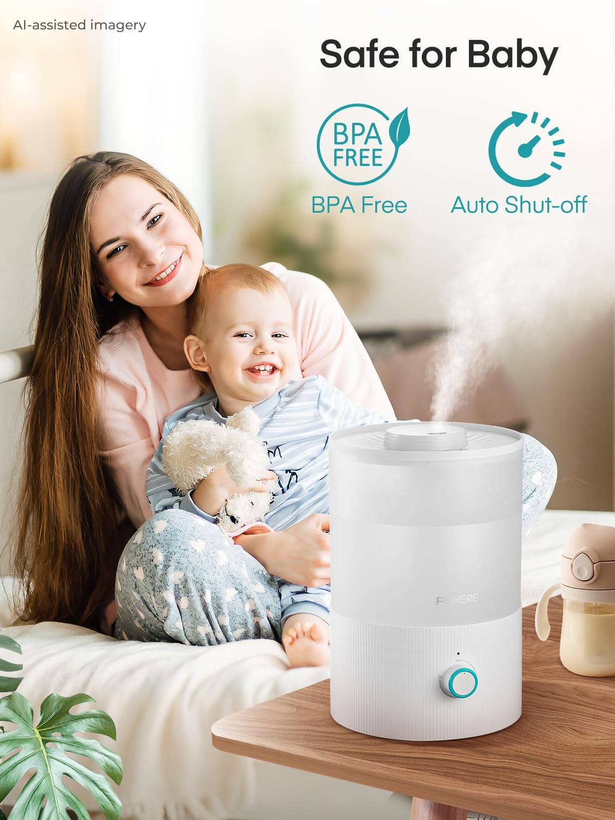 FOHERE Humidificateurs pour la chambre à coucher, humidificateur ultrasonique à remplissage par le haut de 3.2L à brume froide pour les chambres de bébé et les plantes, Blanc