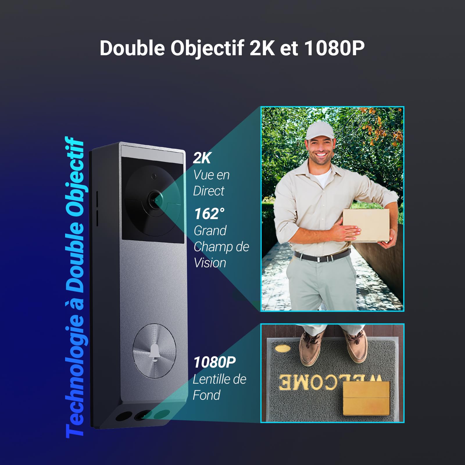 EZVIZ EP3x Pro+CH1 2K Sonnette vidéo sans Fil Double Objectif Détection Personnes Paquet Vision Nocturne Couleur 32 Go eMMC