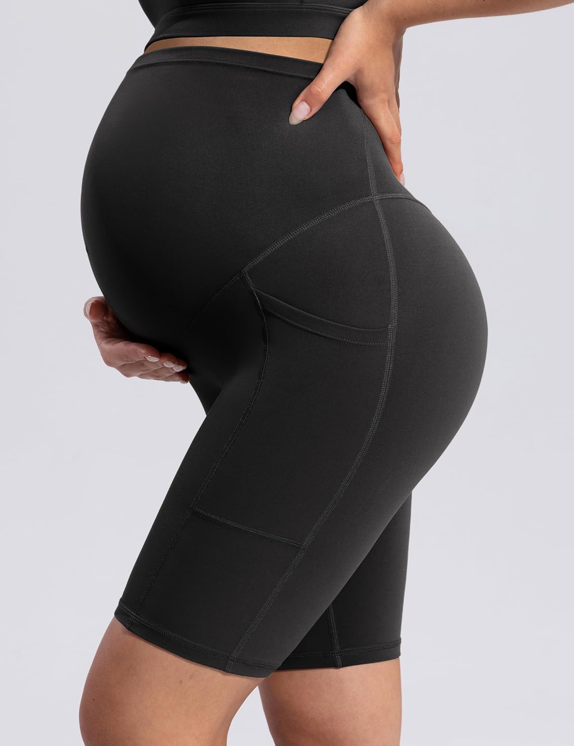 POSHDIVAH Women's Creamluxe Maternity Biker Shorts Over The Belly with Pockets - 6"/8" Summer Pregnancy Yoga Workout Short - Image 5