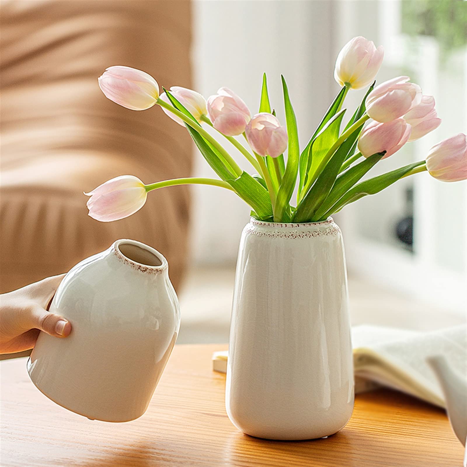Jarrón Florero pequeño de cerámica Blanca, decoración Flores salón, arreglo secas hidropónicas, Maceta, florero Simple Retro Jarrón para Mesa(Grande)