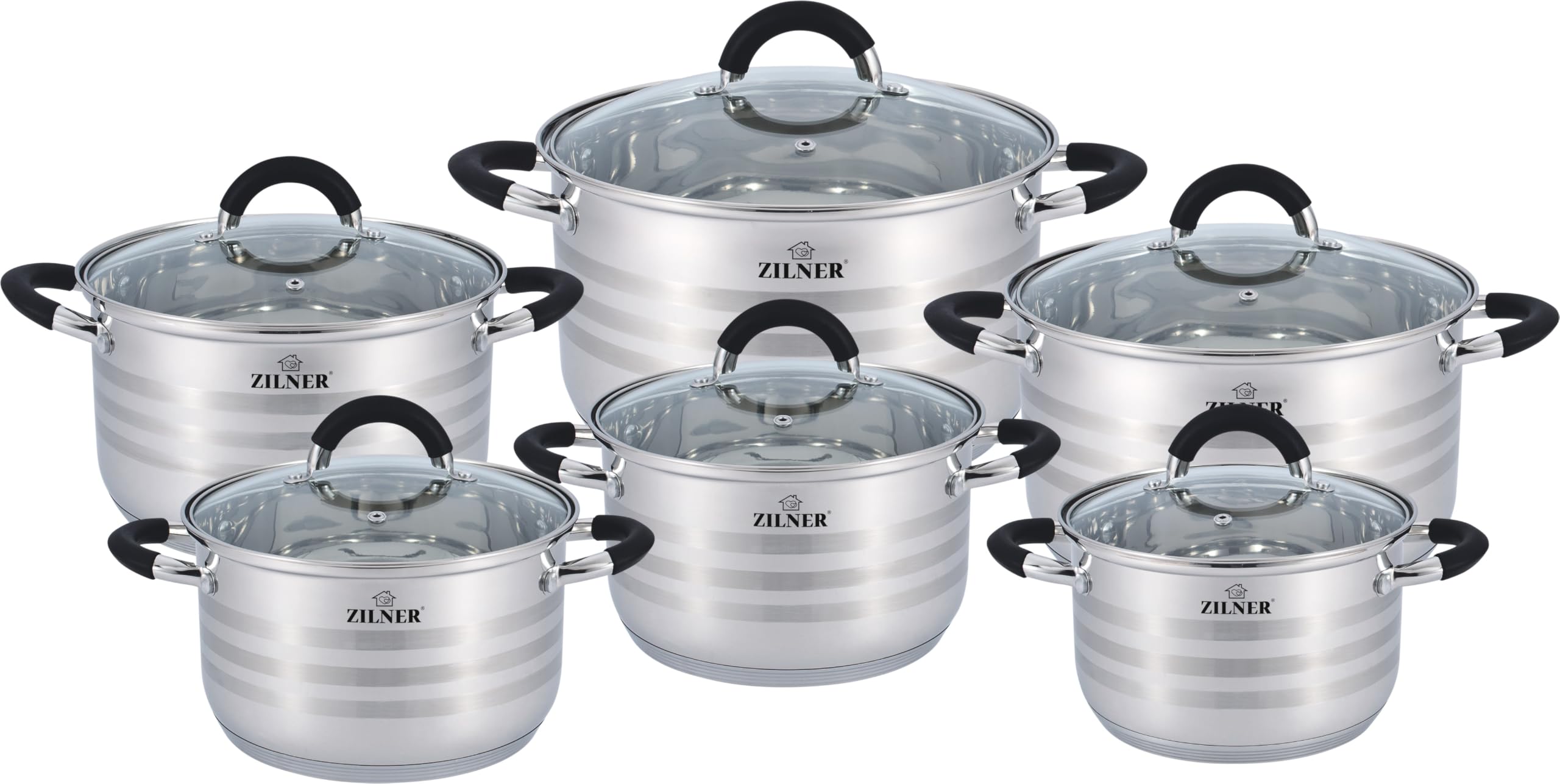 Topfset 12-teilig, Edelstahl, 6 Töpfe 2,1–6,5 L, Glasdeckel, Silber | Kochtopf Set für Induktion, Gas, Elektro, Keramik, spülmaschinenfest, für jeden Tag