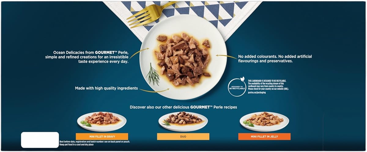 GOURMET Perle Ocean Collection Adult Wet Cat Food Mini Fillets in Gravy Tuna, Shrimp, Plaice, Salmon, White fish, Ocean Fish 40 x 85g Pouches — view 3