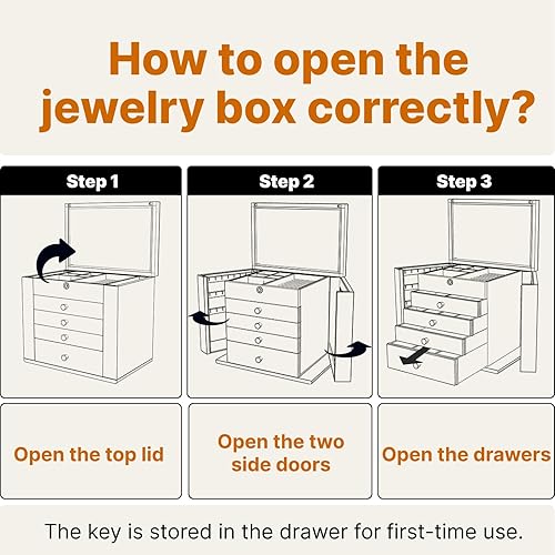 Vista 5 de Joyero de madera de nogal negro, organizador de joyas de madera con 2 puertas laterales, espejo con cerradura, estilo clásico para reloj, collar