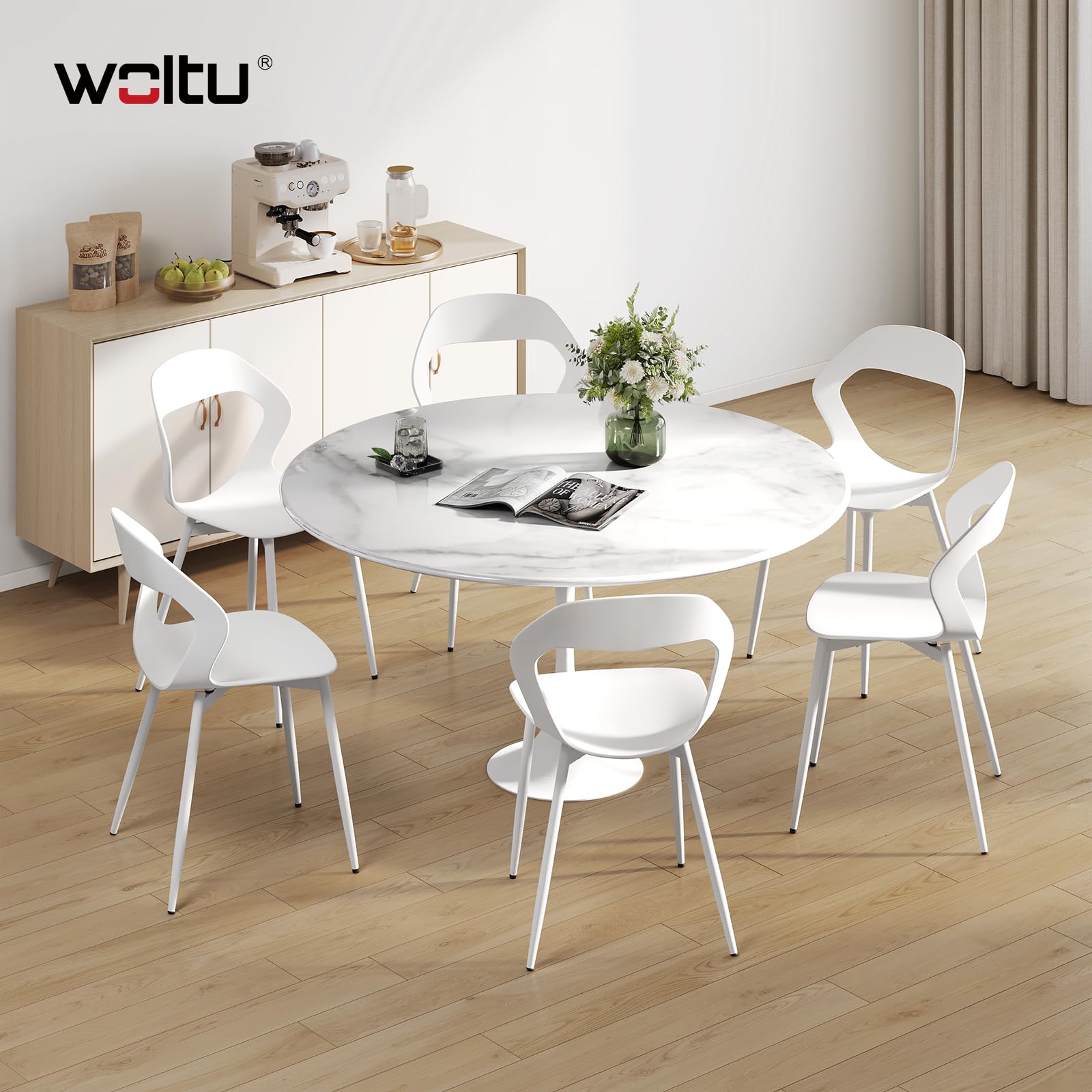WOLTU Juego de 6 Sillas de Comedor,PP,Blanco | Moderna con Respaldo Calado, Impermeable, Patas de Metal, Carga hasta 150 kg, para Salón, Dormitorio o Estudio
