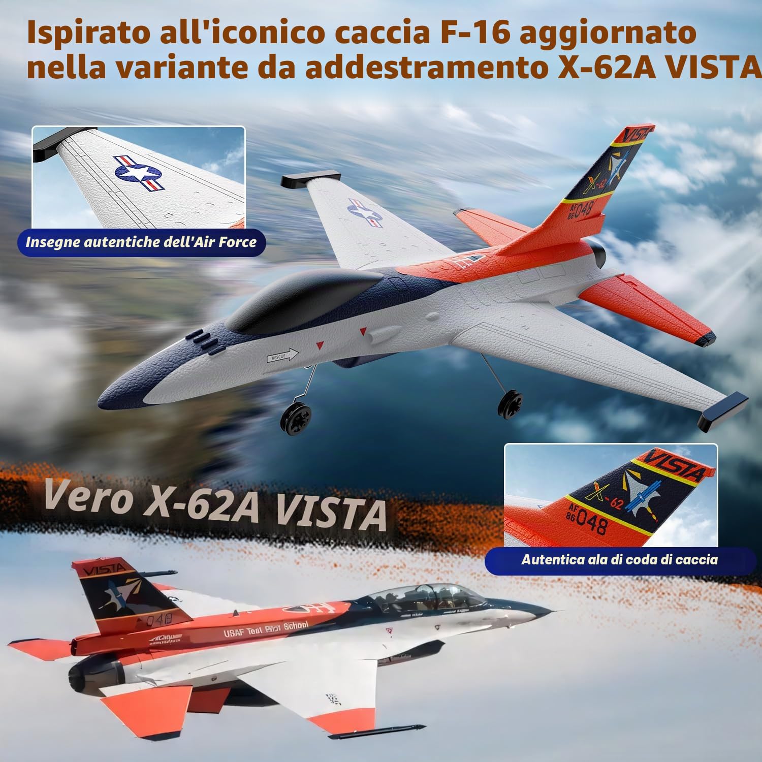 DEERC - Aereo RC in Stile F16 (X-62A Vista), Aereo a 4 Canali Telecomandato, Jet di Controllo Remoto con Stabilizzatore a 6 Axi Gyro, EPP RTF, Modellino di Aliante per Hobby, Facile da Pilotare, per