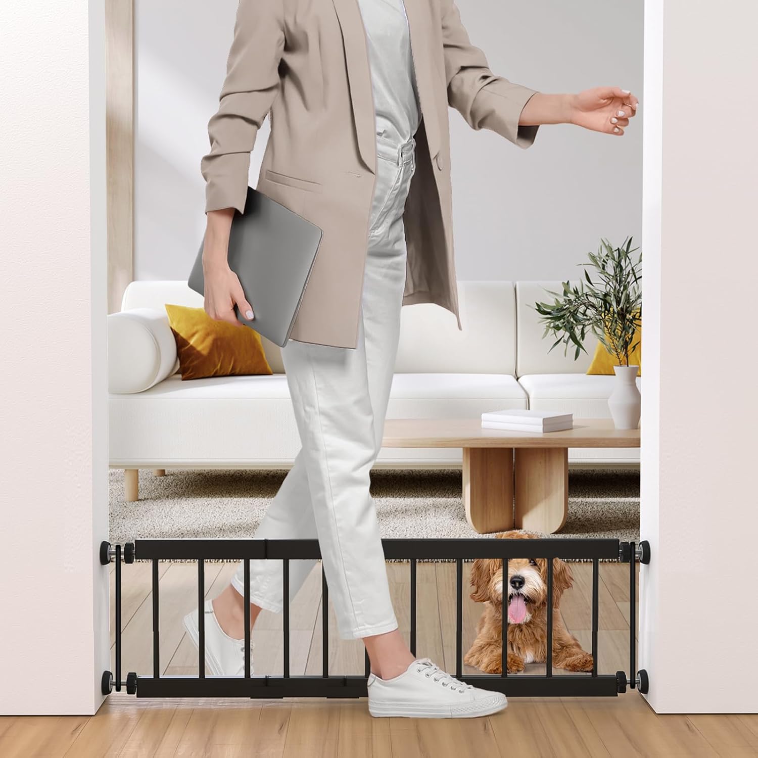 Dog Gate Indoor,18"-45" Adjustable Extra Wide Metal Short Dog Gate to Step Over, 10" Tall Small Pet Gate with 3 Extension Kits, Pressure Mounted for Doorways & Stairs Black 18-45''W*10''H Black