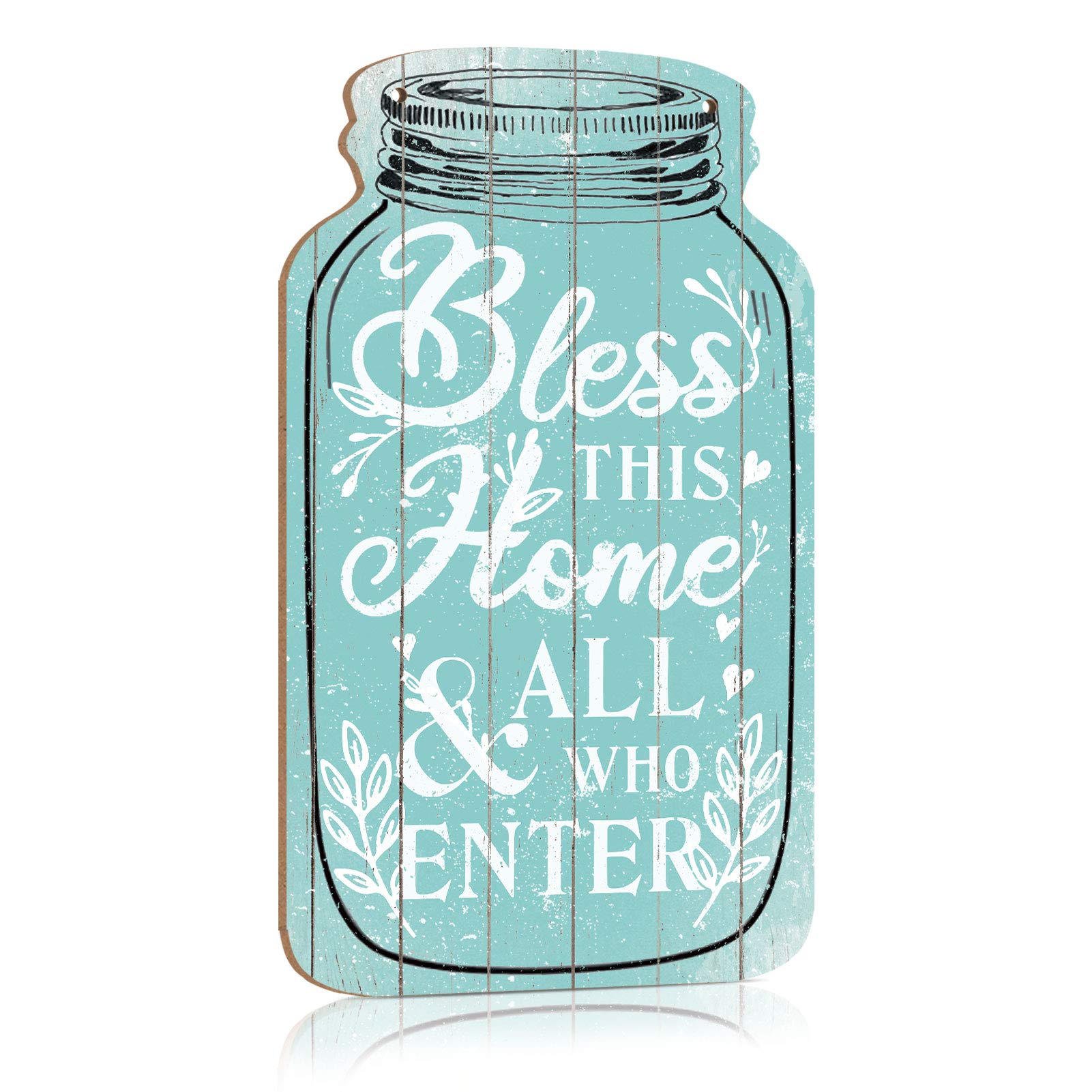 Putuo Decor Home Bless Sign, Bless This Home All Who Enter, Mason Jar Shape Hanging Plaque 8.3x4.5 Inches