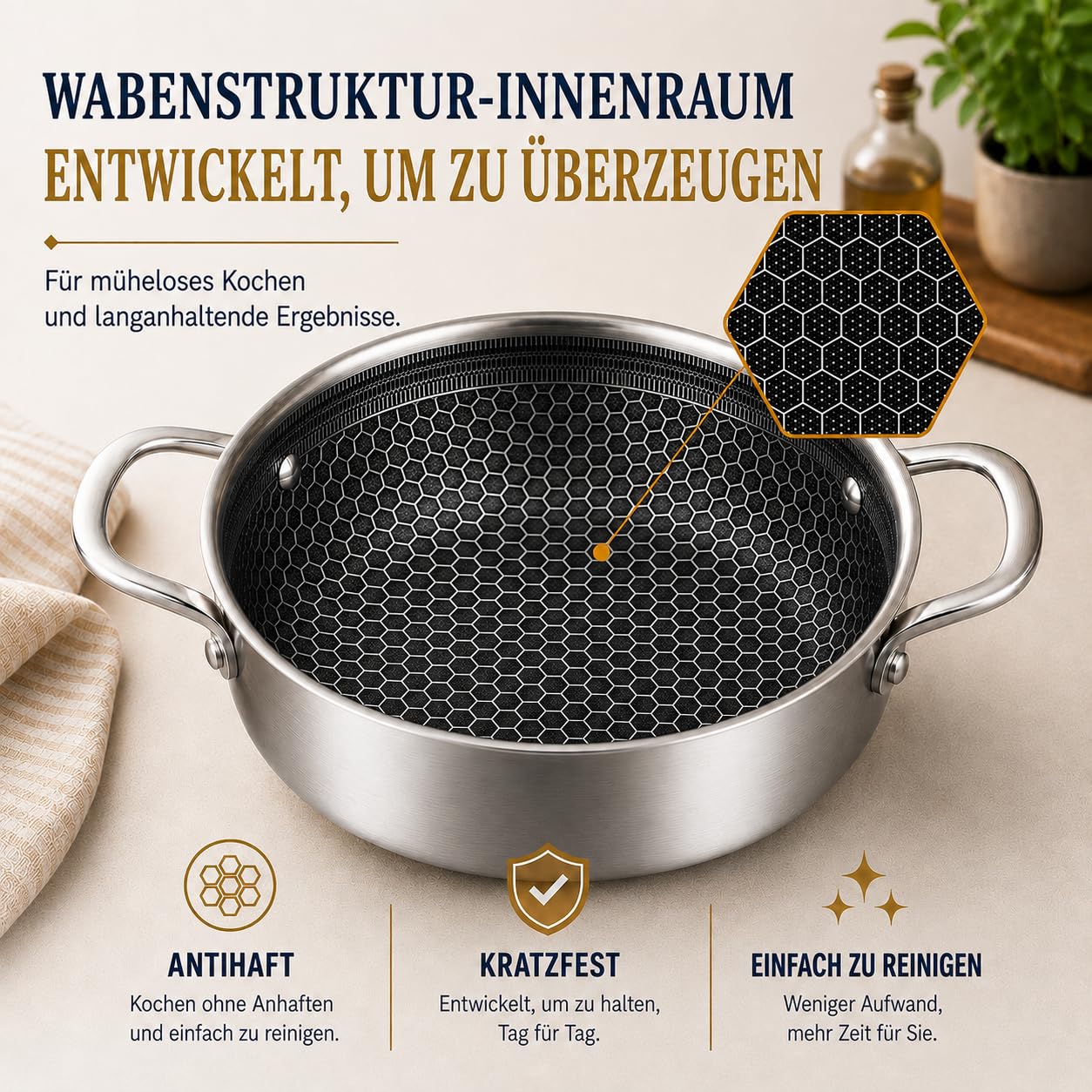 Royal Swiss Pfannenset Edelstahl 12-teilig, Kochgeschirrset mit Honeycomb Antihaftbeschichtung, 3 Töpfe, 3 Pfannen, Wok, Glasdeckel, Induktion Gas Elektro Ceran, sets cookwear, non stick toxic, cool