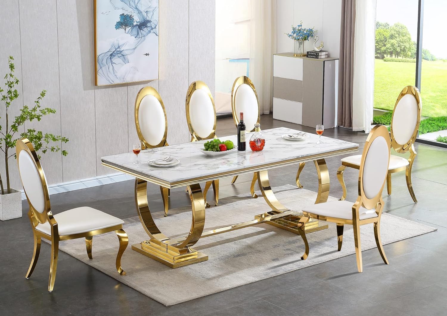 Amazon.com - Luxury Marble 7-Piece Dining Table Set for 6, Modern White ...