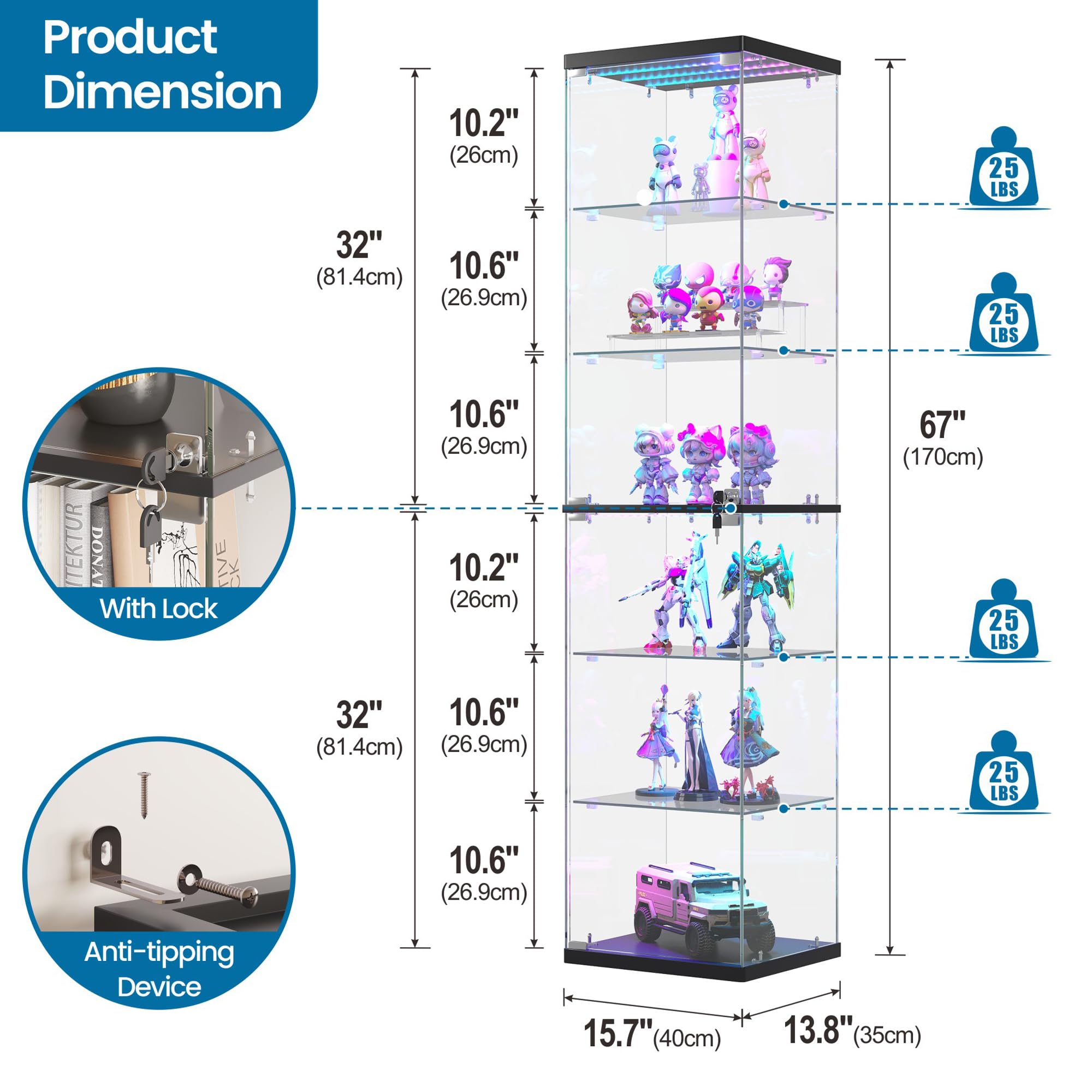FREDEES Vitrina de cristal LED con iluminación RGB, 6 niveles, 180 cm de
