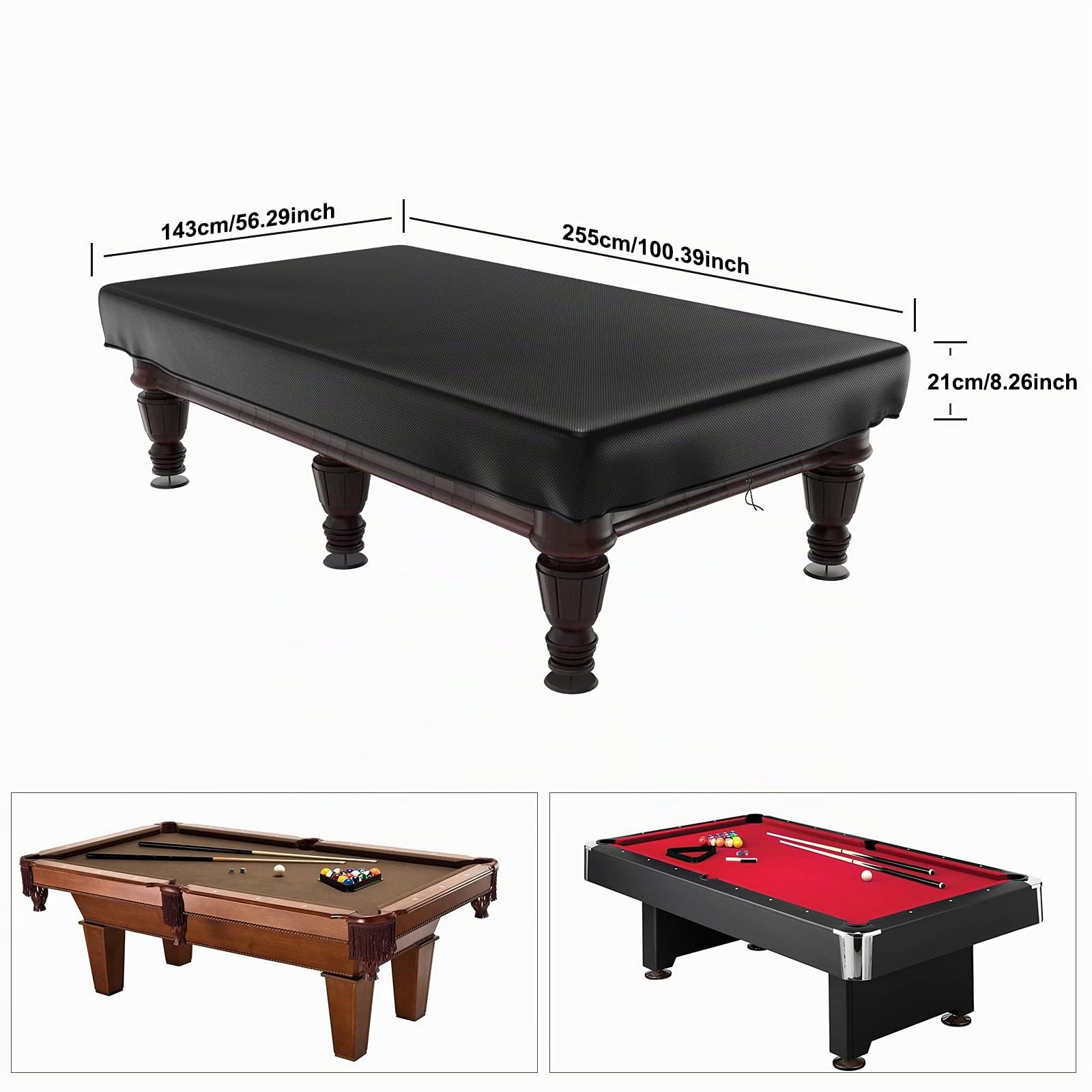 Copertura per Tavolo da Biliardo, Tessuto Oxford 600D Resistente, Impermeabile, Anti-UV, Anti-Strappo, Nero (255x143x21 cm)