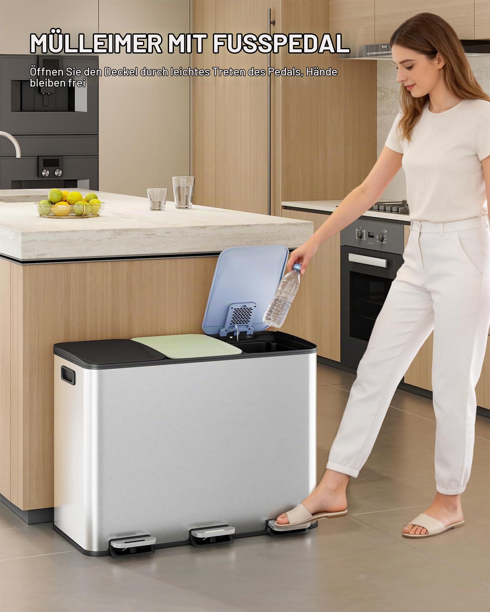 Hzuaneri Mülleimer Küche, 3 x 18 L, Mülltrennsystem 3 Fächer, Mülleimer mit Farbigem Soft-Close-Deckel und Pedal, Küchenabfalleimer mit Inneneimer, Stahl, inklusive 15 Müllbeuteln, Silber SW31899E