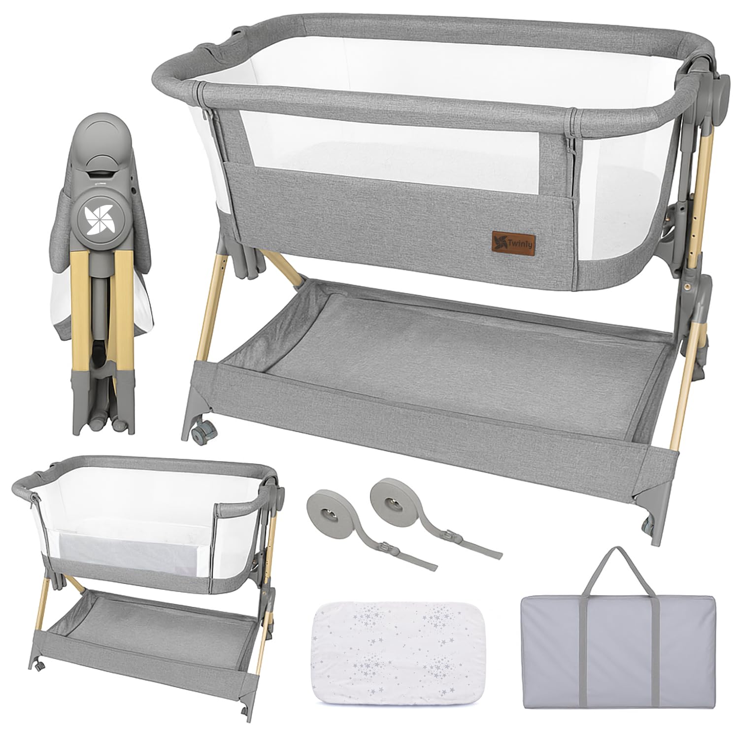 Twinly – Culla Co‑Sleeping Comfortly con Ruote | Pieghevole in pochi secondi, Altezza Regolabile (5 posizioni), Traspirante 0+ mesi fino a 9 kg, Materasso, Lenzuolo, Borsa e Cesta – Senza Montaggio