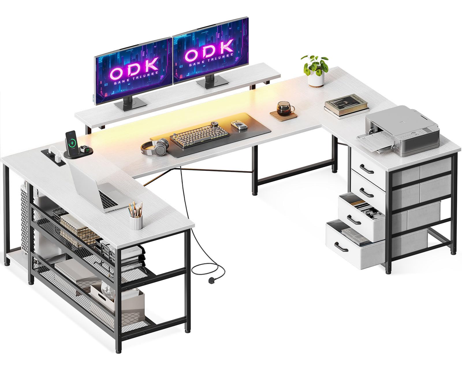 ODK Escritorio con Cajones, Escritorio Esquinero Reversible con Regleta, Escritorio Gaming con LED y Soporte para Monitor para Oficina en Casa, 167×102 cm, Blanco