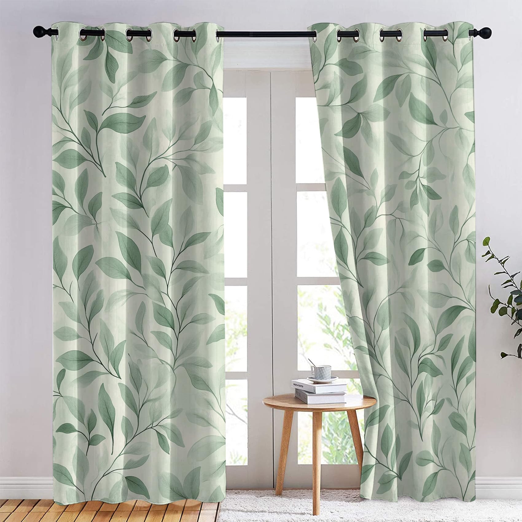 Rideaux Occultant Vert Sauge, Rideau Isolant Thermique pour Salon Chambre, Motif Feuille Verte, Lot de 2 Décoration de Fenêtre Opaque 140x240cm LxH, à Oeillets