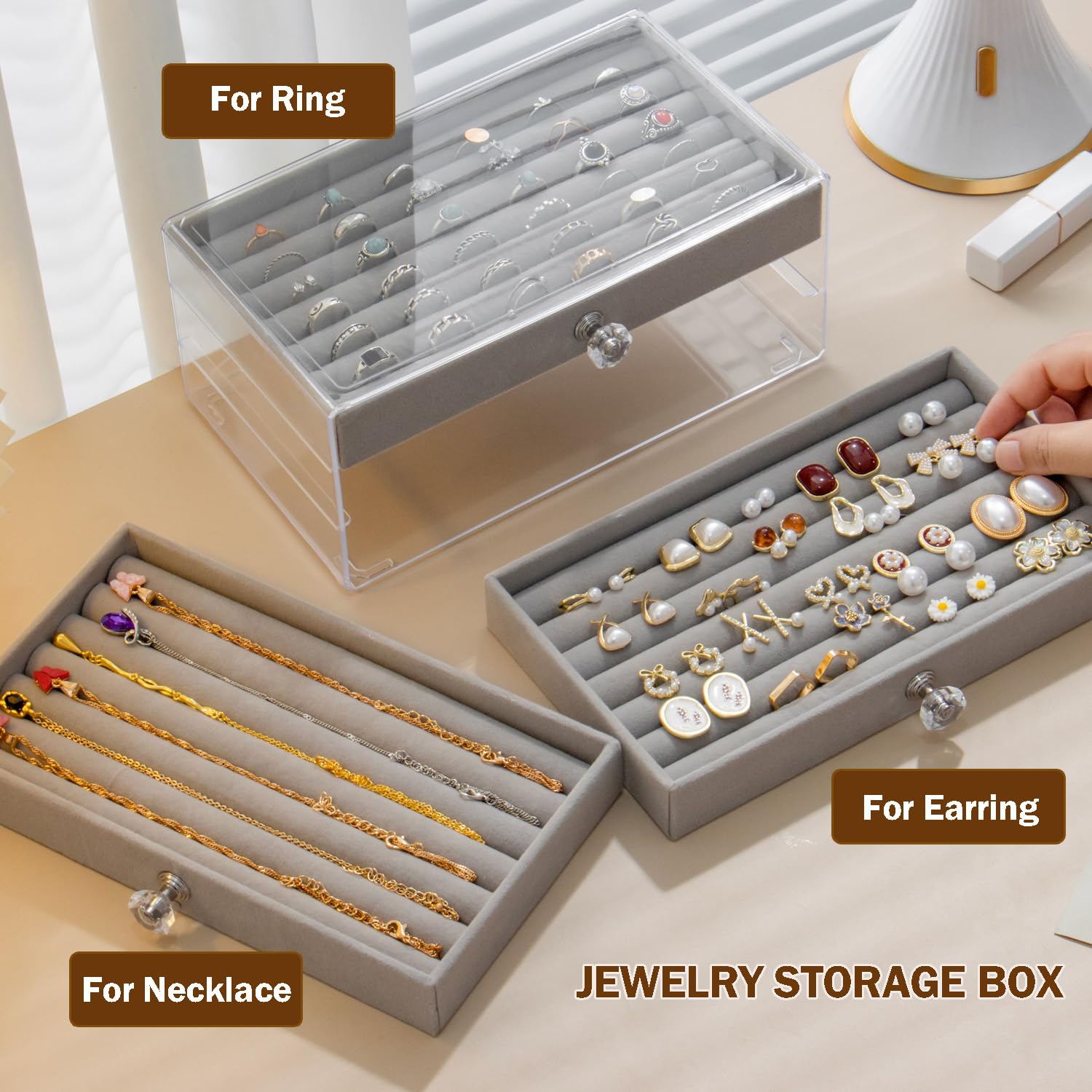 SPAKOWN Ring Box Display Holder, Clear Velvet Jewelry Storage Tray Organizer for Ring Stud Earring (Grey - 3 Drawers)