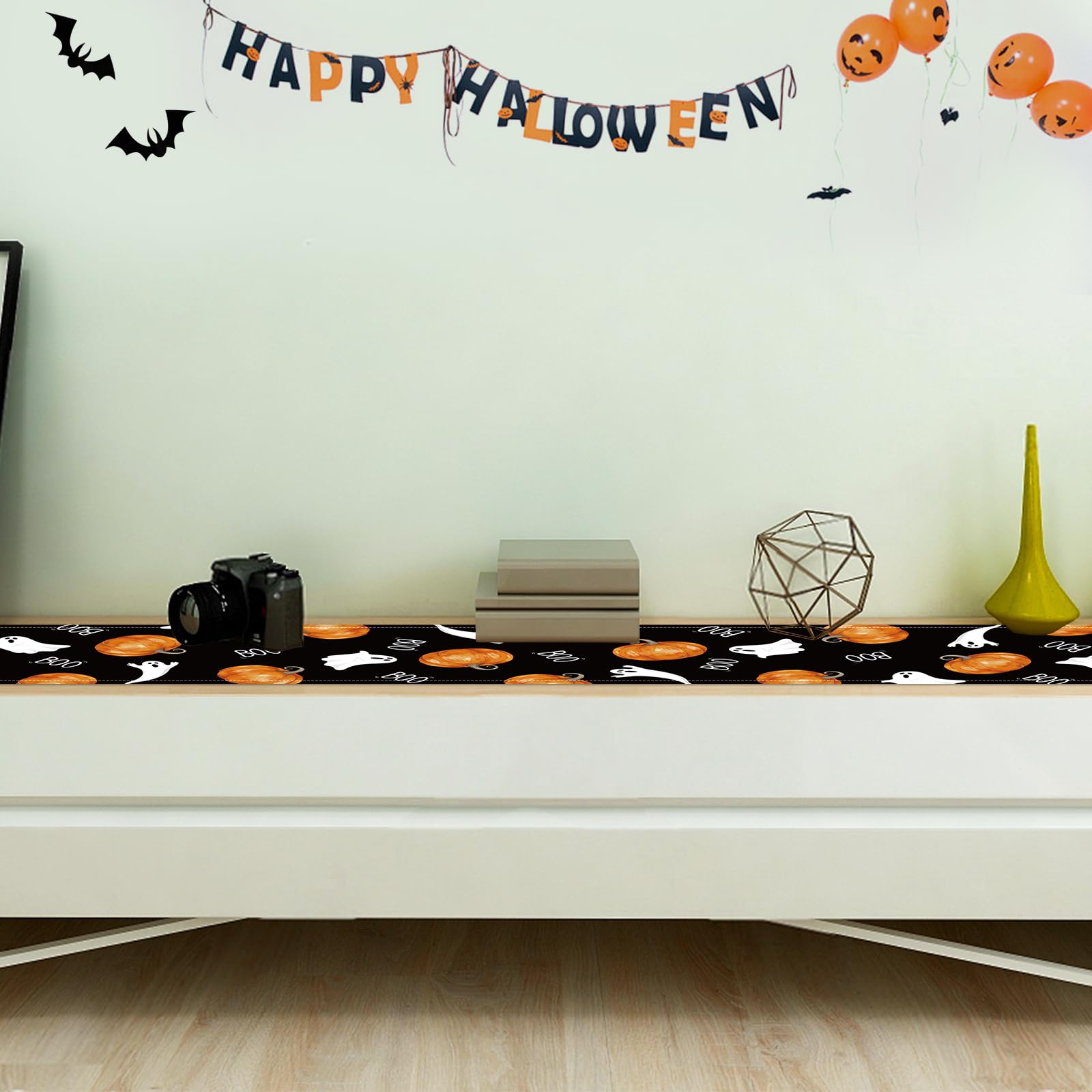 Fowecelt Halloween Tischläufer Kürbisse Geist: 33 X 183cm Gespenstisch Boo Schwarz Tabelle Läufer für Herbst Urlaub Küche Essen Halloween Party Dekoration