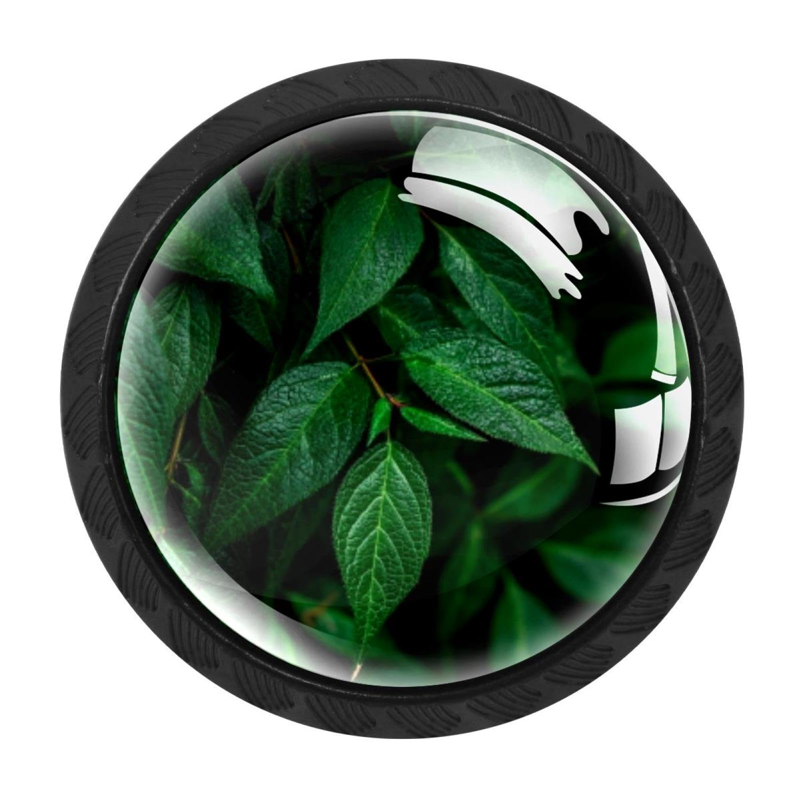 CHENZZZZ 4 Pieces Green Leaves Plant Drawer Knobs, 35mm Black Kitchen Cabinet Knobs, Drawer Pulls and Knobs, Glass Cabinet Hardware Single Hole Knob for Cabinets and Drawers Round