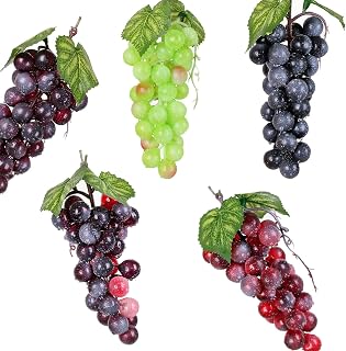 5 Pack Assorted Colour Artificial Plastic Grapes Clusters Decorative Grapes Bunches in Black Purple Red Green Agate Crystal Grape Bundles for Lifes Party Sukkot(36Grains 7 Inches Long)