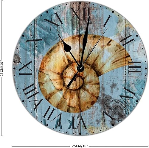 Miniatura 45 de ArogGeld Reloj de pared de PVC de mediados de siglo, concha, números de playa, estilo océano con números romanos de 10 pulgadas, funciona