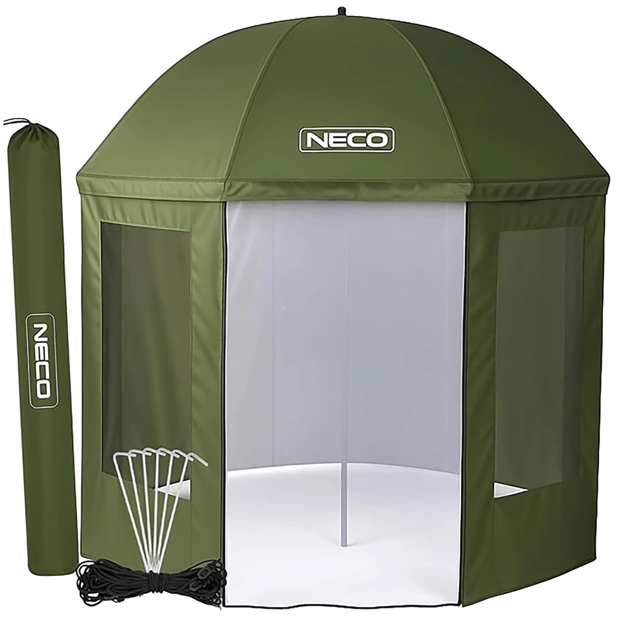 NECO Zielony Parasol Wędkarski z Osłoną i Moskitierą 250 cm – Wodoszczelny, Cały Zamykany Namiot Parasolowy, Duży Parasol do Wędkowania z Oknami, Namiot Karpiowy na Ryby, Kemping i dla Wędkarzy