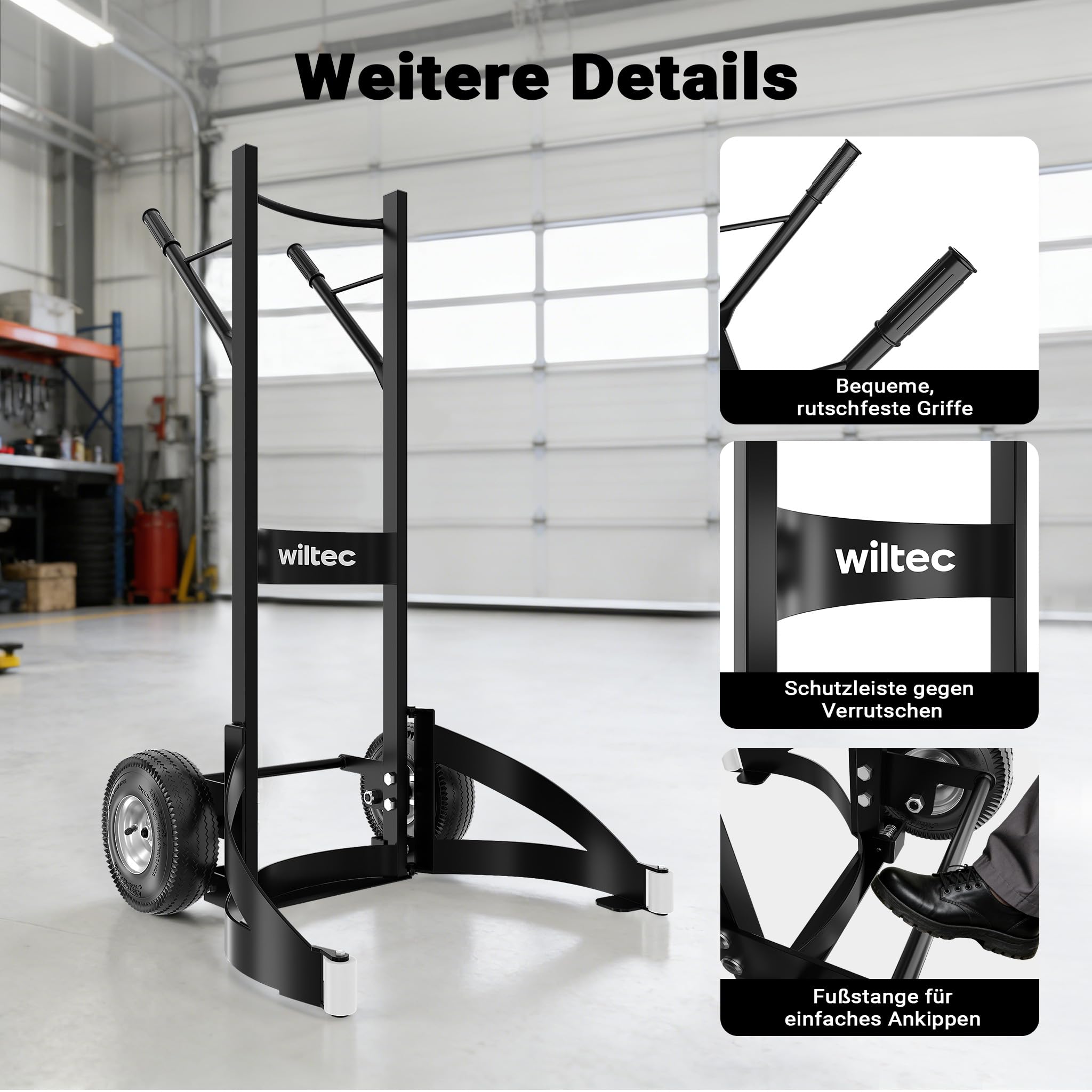 Wiltec Reifenkarre bis 200 kg mit Kippsystem, Transportkarre mit PU Rädern, Reifenwagen mit verstellbaren Greifarmen