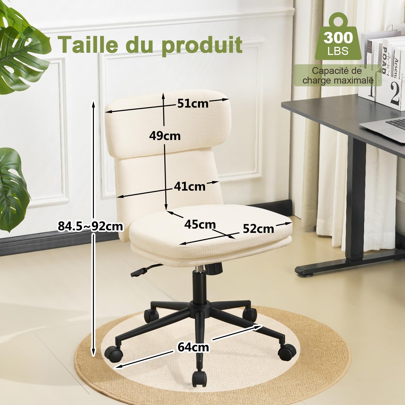 Chaise de Bureau en Chenille Fauteuil de Bureau Chaise de Coiffeuse, Fauteuil Bureau Réglable en Hauteur avec Dossier Inclinable Pivotante à 360°, Ergonomique pour la Chambre (Blanc-1)
