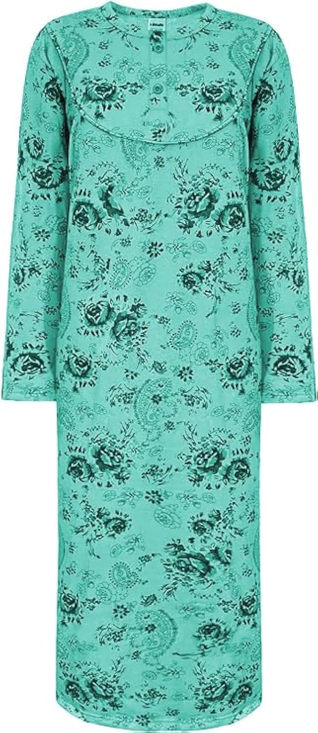 i-Smalls Womens Rose Floral Nightdress 100% Cotton Long Sleeve Thermal Nightie Chemise (3XL) Mint