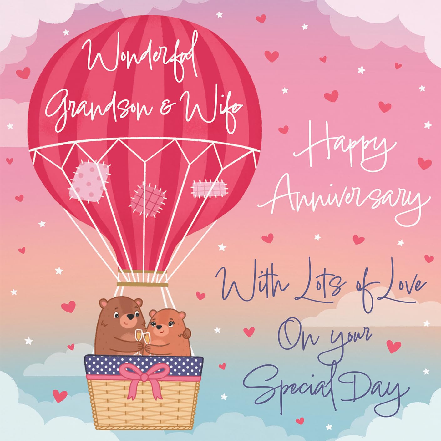 Hunts England, Grandson And Wife Hot Air Balloon Anniversary Card, Cute Bears Collection - Image 2