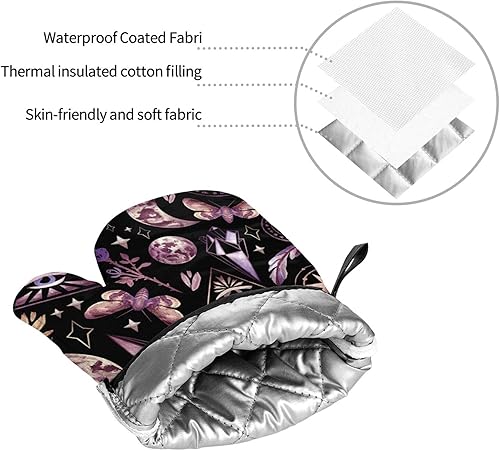 Miniatura 7 de Juego de 4 manoplas de horno y soportes para ollas, diseño gótico de tarot, luna, mariposa, mágico, guantes de cocina, resistentes al calor,