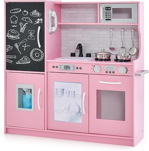 KOTEK Juego de cocina para niños, juego de cocina de juguete de chef de madera con horno, pizarra, teléfono, máquina de hielo, microondas,