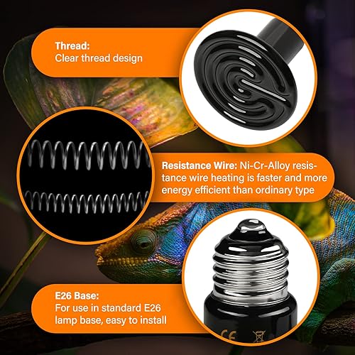 Miniatura 3 de HealSmart Lámpara de calor para reptiles de 100 W, paquete de 2 emisores de calor de cerámica, sin bombillas de calor emisoras de luz para anfibios