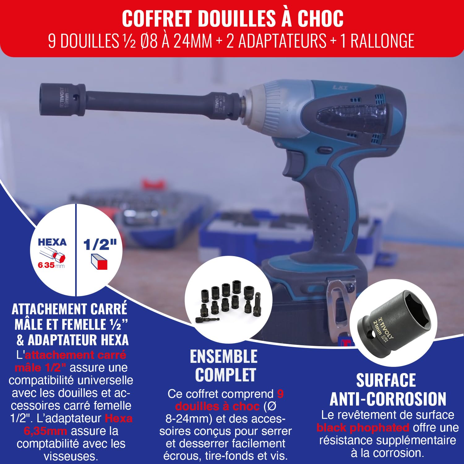 TIVOLY - Coffret Douilles À Choc - 9 Douilles 1/2 Ø 8 à 24 mm + 2 Adaptateurs + 1 Rallonge