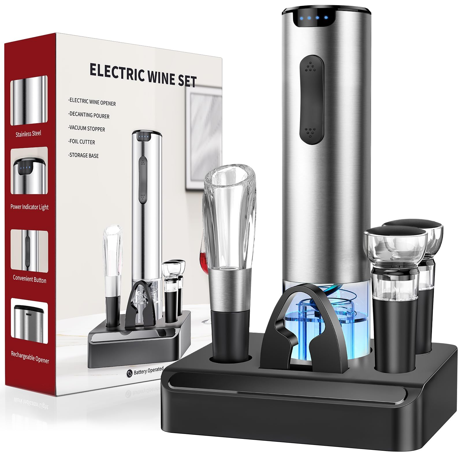 homehacks electric wine opener automatic wine opener with foil cutter vacuum stopper pourer rechargeable wine bottle opener - party favor christmas gift for wine lover