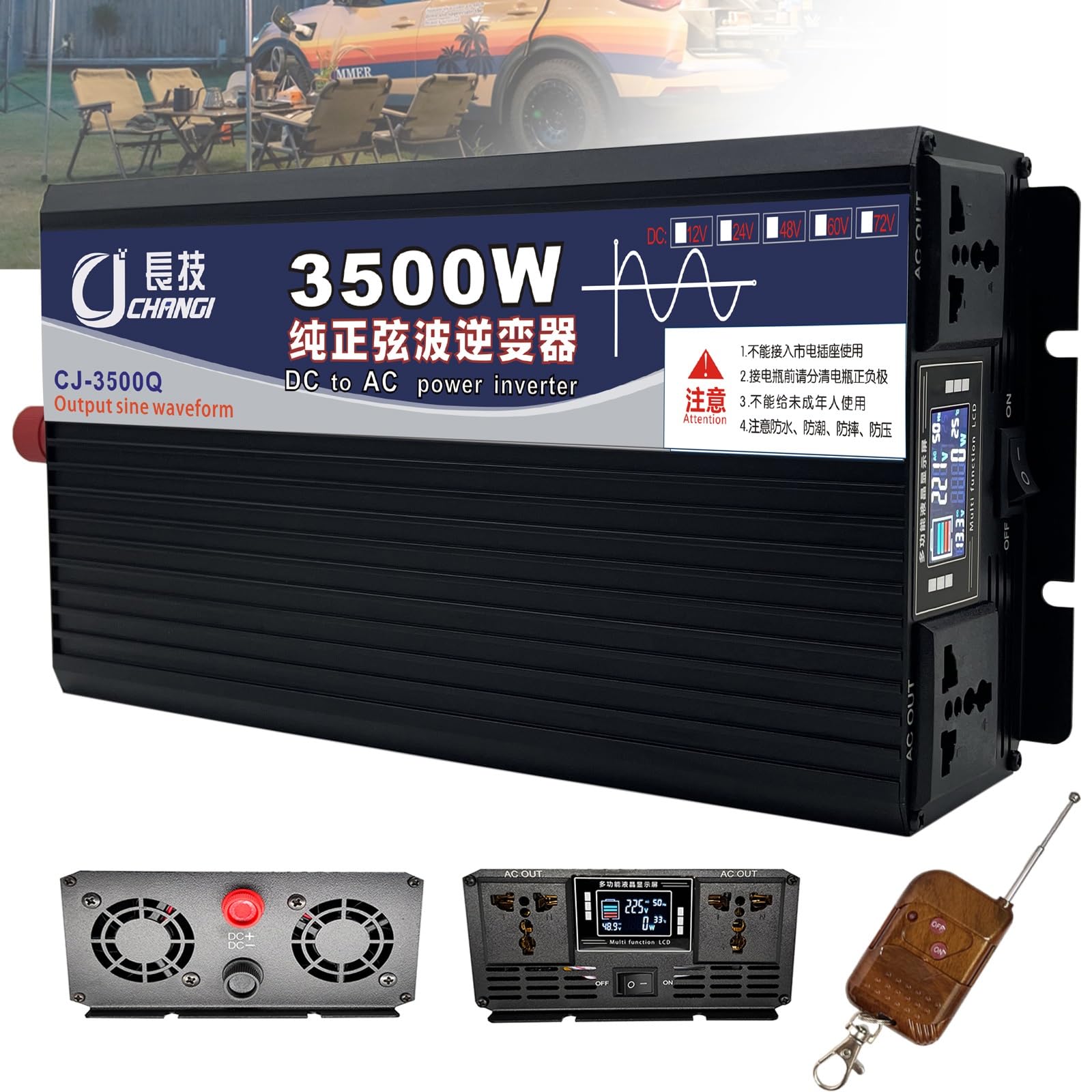 Onda Pura Power Inverter 3500W/5000W/6000W/8000W/10000W/12000W Invertitore di Tensione,Pura Trasformatore con 2 Prese EU e una Telecomando Senza Fili e Display LCD,per auto,camion camper(3500W,72Vto22
