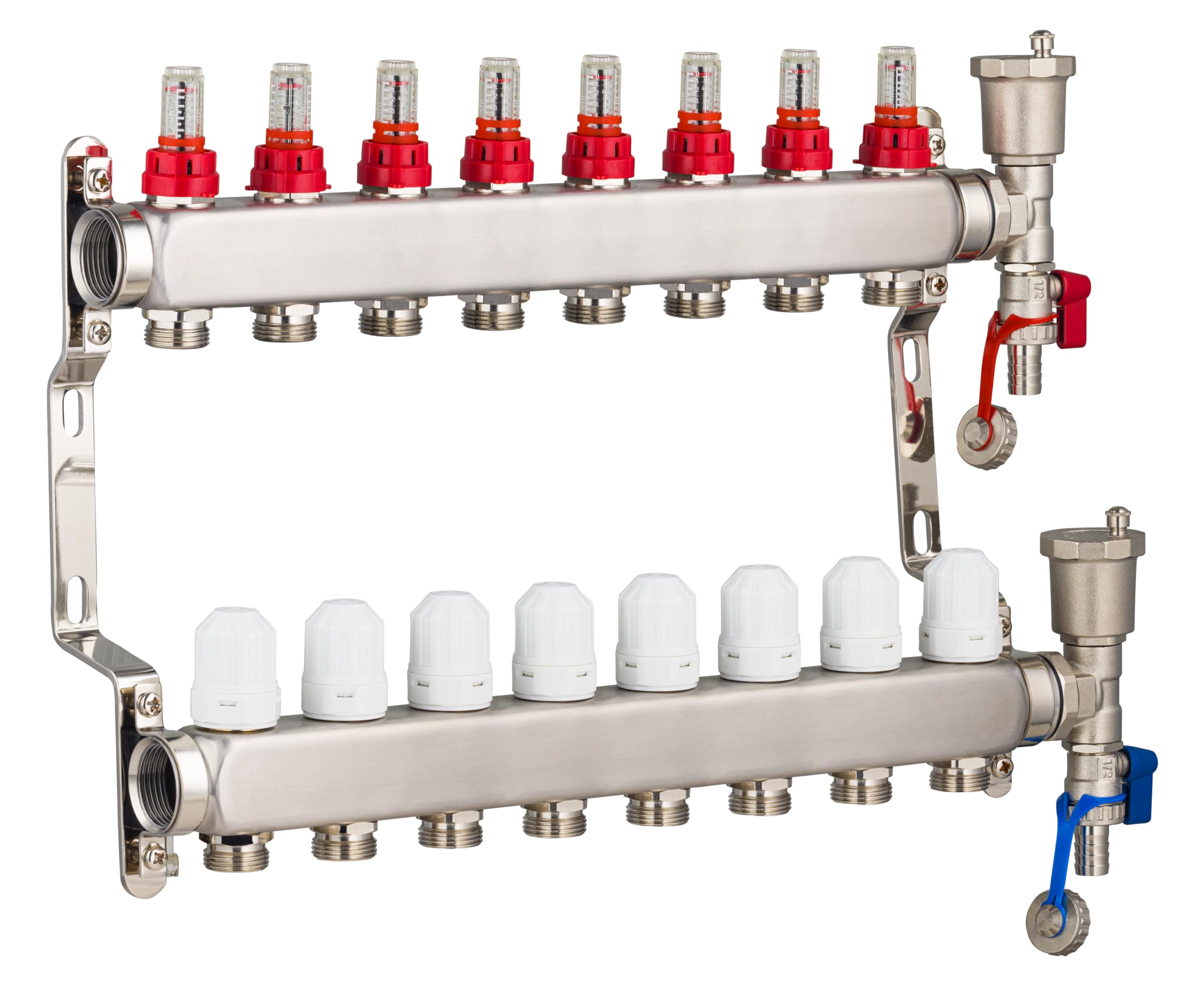 Collecteur plancher chauffant en inox 8 circuits avec débitmètres – Entraxe 50 mm – Alimentations femelle 1" (26x34) – Sorties mâle 3/4 (20x27) Eurocône – Acier inoxydable – NOYON & THIEBAULT