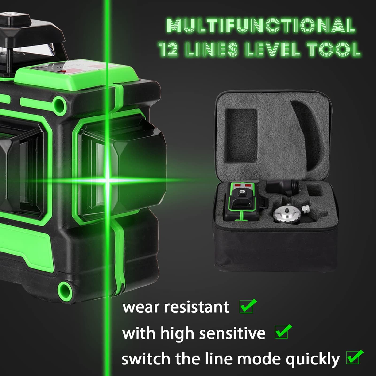 Livella Laser Autolivellante 12 Linee, Geevorks 3 X 360 °Livello Laser Autolivellante Verde, 1 x Batterie, Autolivellante, Supporto rotante, Telecomando, Base Magnetica
