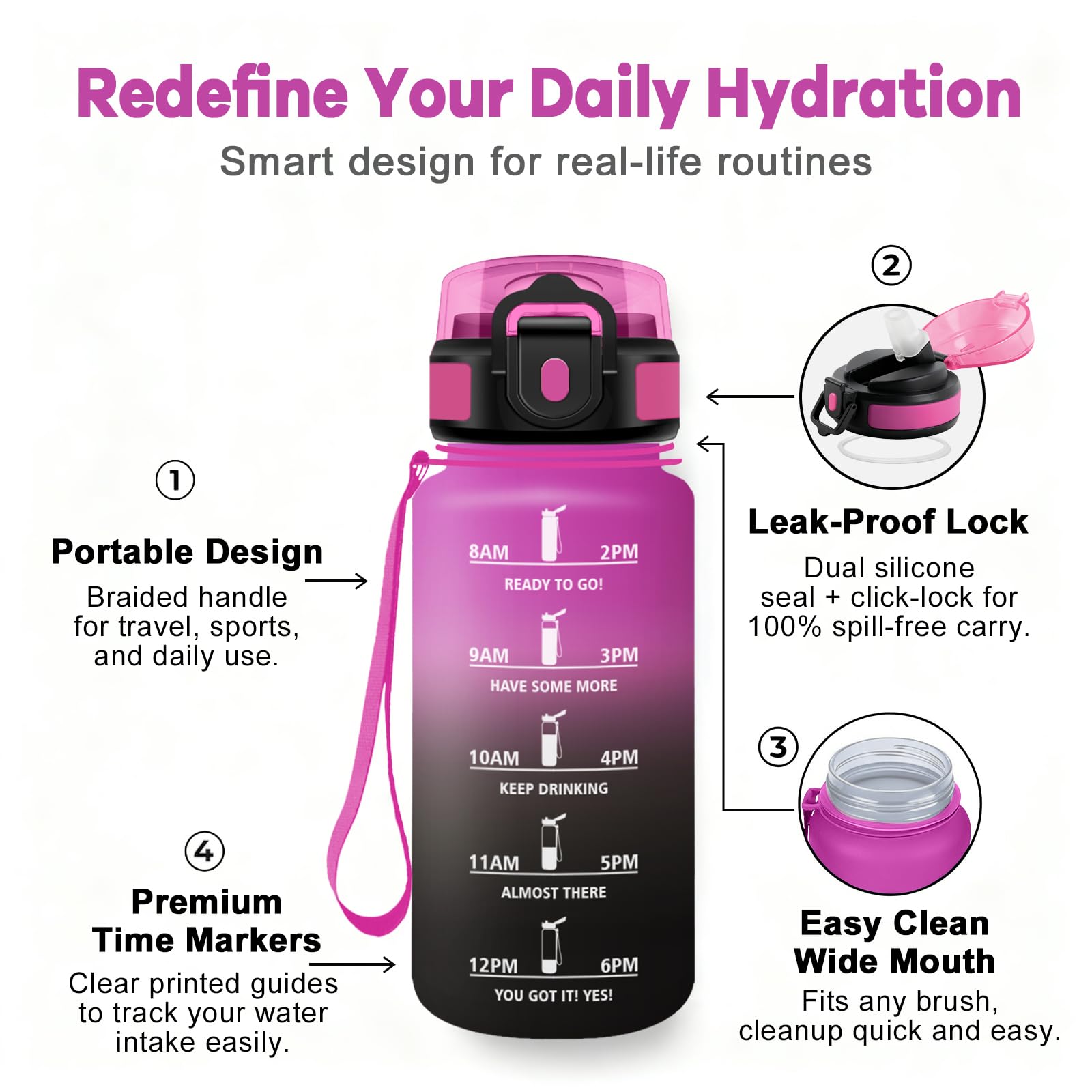 Wasserflasche 500ml, Trinkflasche mit Strohhalm, Auslaufsicher & Zeitmarkierung, Motivierende Sportflasche für Wandern, Fahrrad - 3