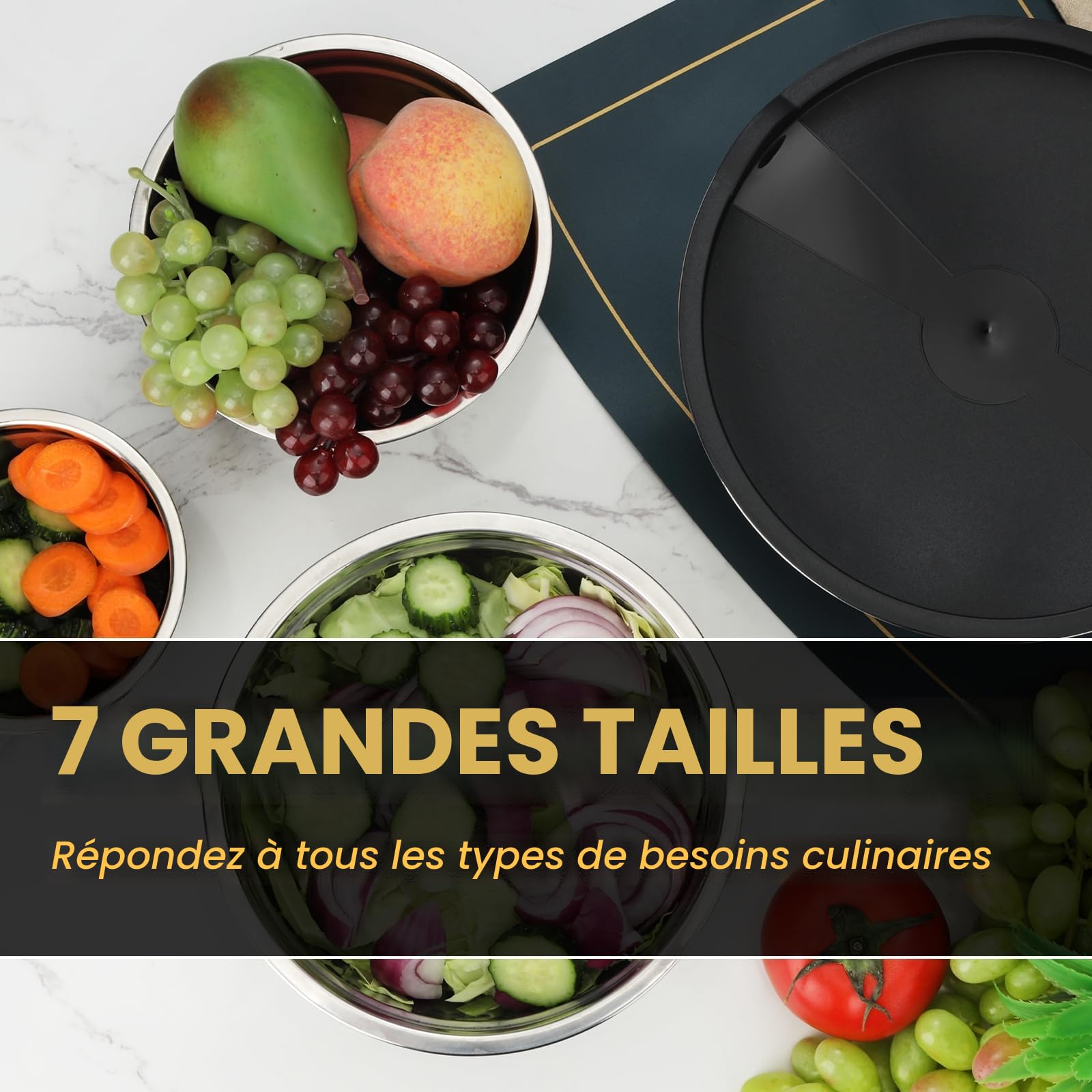 hunnycook Set de 7 saladier avec couvercle,Saladier en acier inoxydable avec couvercle 5L,4.5L,4L,2.4L,1.7L,1.25L,0.8L,Ensemble de saladier empilables,Lavable au lave-vaisselle