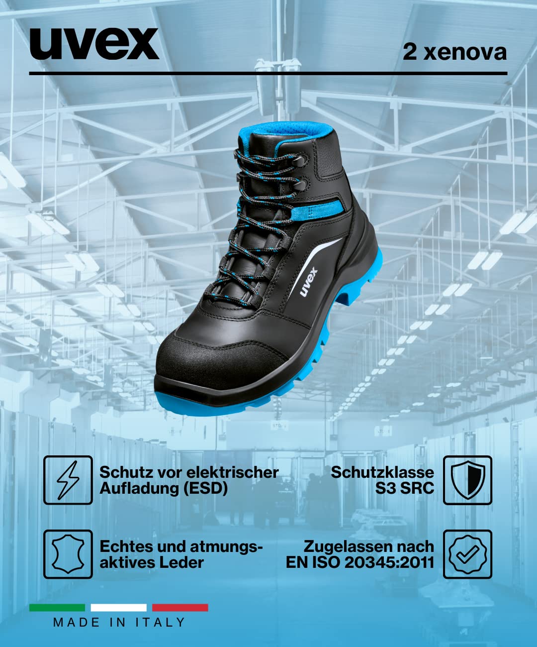 Uvex 2 xenova Sicherheitsstiefel S3 SRC, Schnürstiefel, Arbeitsschuhe für Herren, Schwarz/Grün