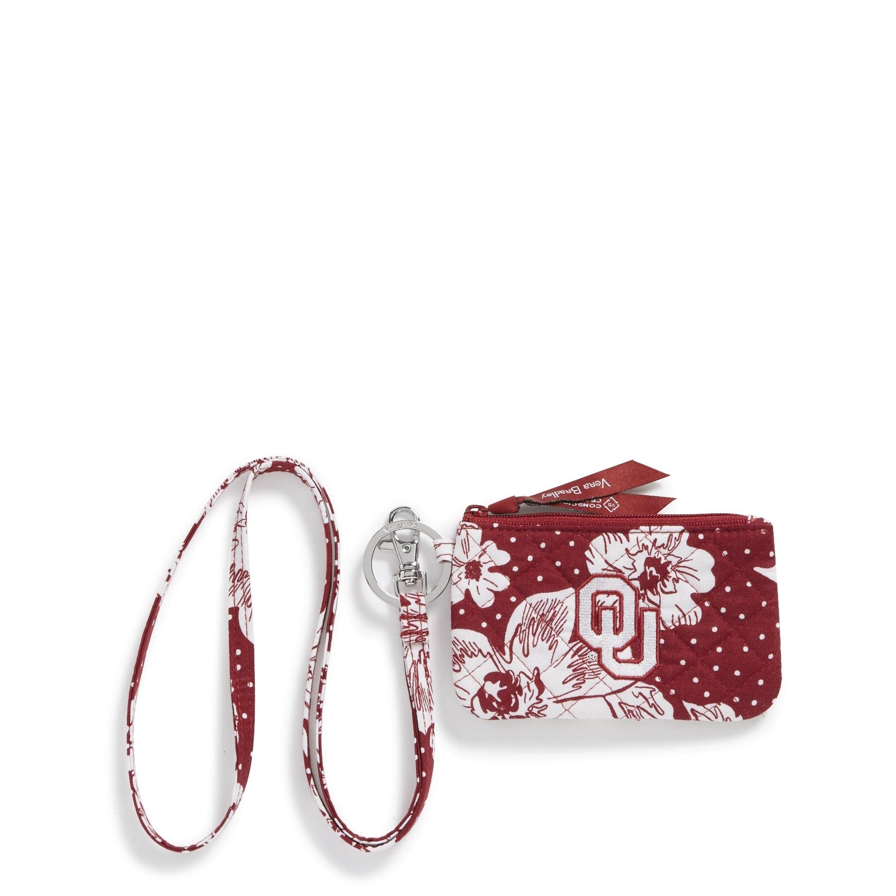 Vera Bradley Collegiate Zip Id Case and Lanyard Combo (Multiple Teams Available) Keyring, Cardinal/White Rain Garden with University of Oklahoma - Recycled Cotton, One Size
