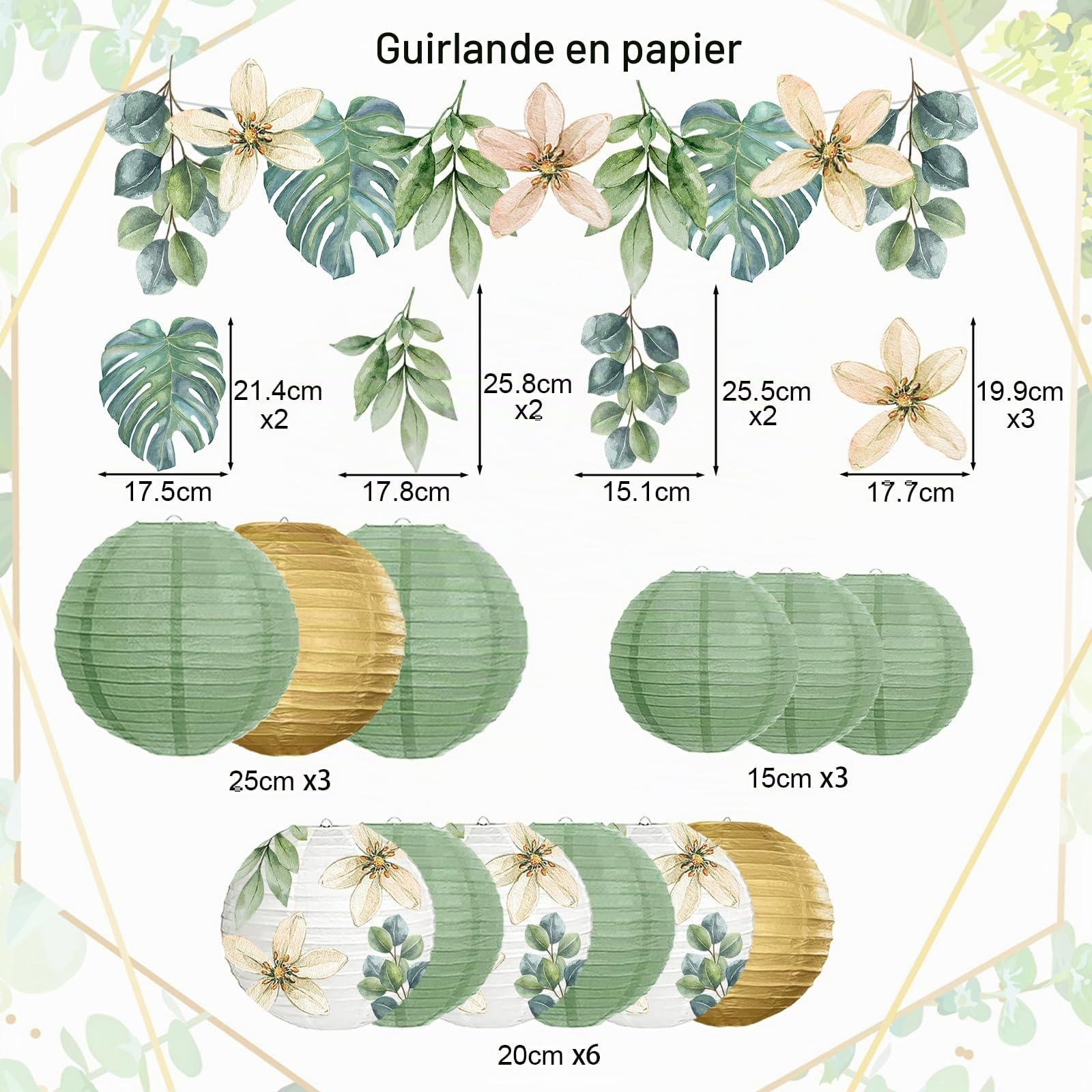 Lot de 13 lanternes en papier pour décoration de fête de jardin, communion, cérémonie de jeunesse, eucalyptus, baby shower, où la nature rencontre la décoration
