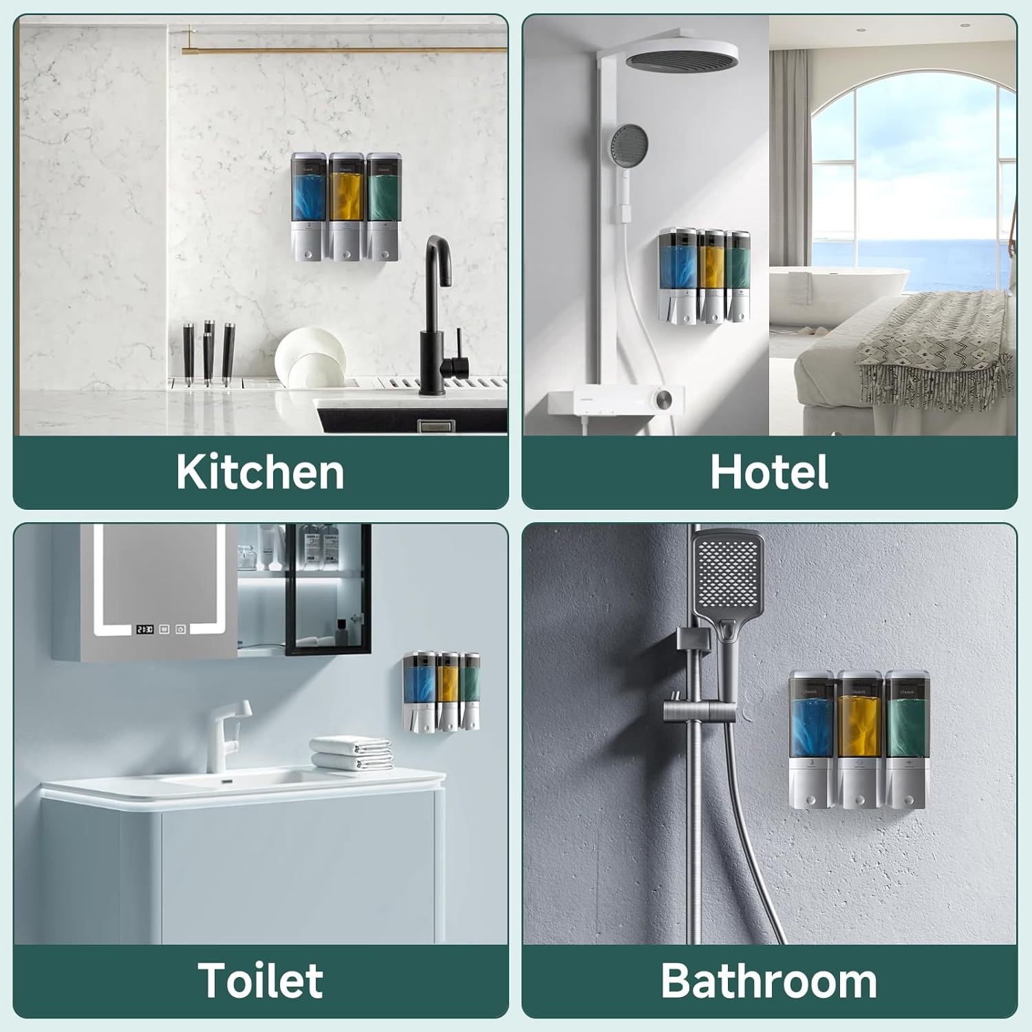 Shampoo and Conditioner Dispenser Wall Mounted No Drill, Shower Soap Dispenser 3 Chamber Shampoo Conditioner Body Wash Refillable 3 * 17oz Shower Soap Dispenser for Bathroom Hotel, Silver+Smoke Gray - Image 8