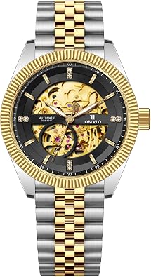 OBLVLO Luxury Automatic Skeleton Watch, Gold Stainless Steel, Diamond Markers